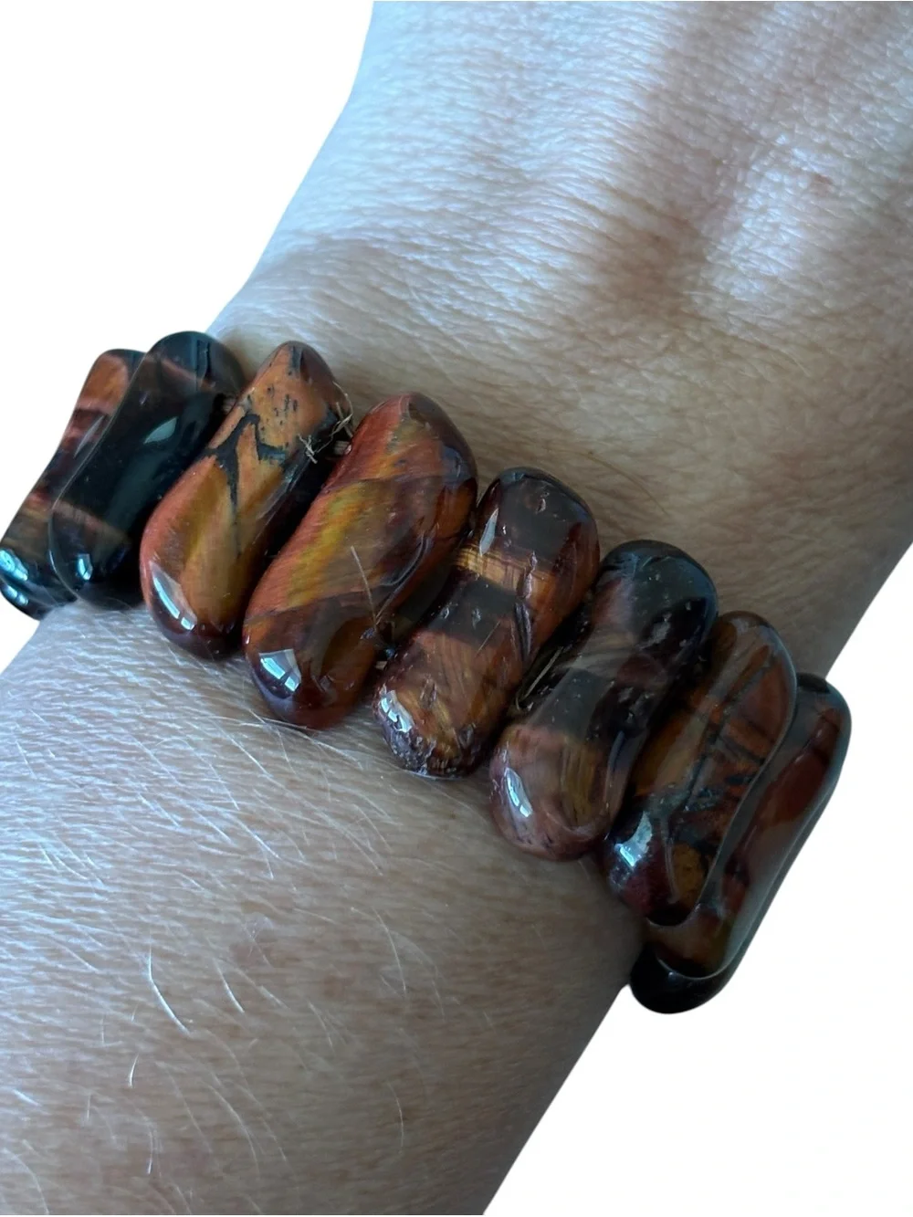 Tiger Eye Natural Stone Stretch Bracelet Elongated Artisan Festival Gemstone